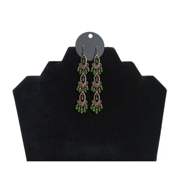 Vintage Translucent Green Beaded & Brassy Toned Metal Dangle Statement Earrings - Picture 1 of 8